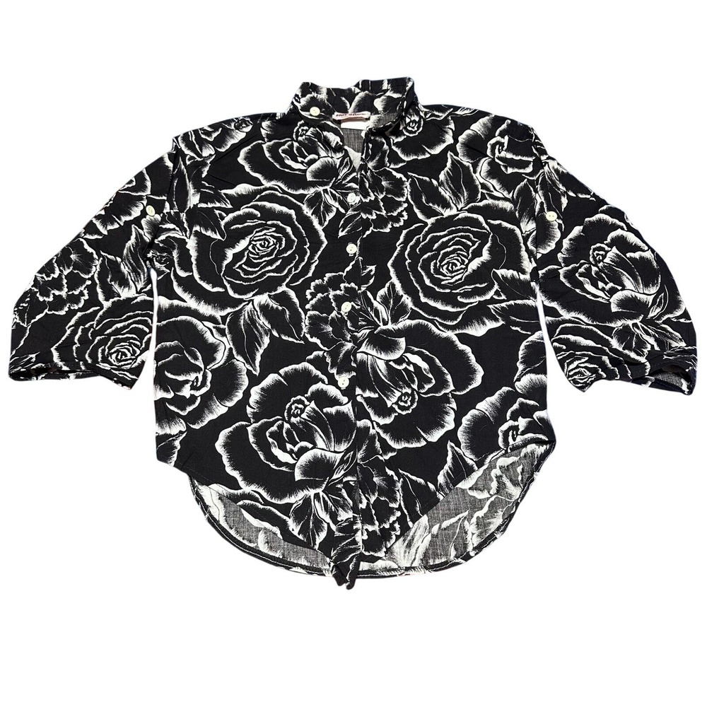 Vintage 80s 90s Black Gothic Grunge Roses Print Button Top Women's Size Medium